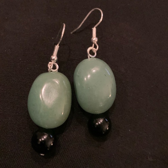 Hand Crafted Jewelry - Earrings crafted from black jade and green chrysoprase beads. Measure 2”.